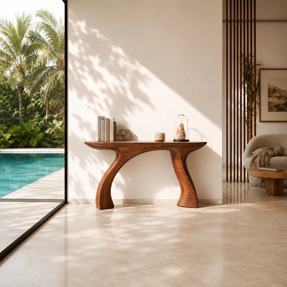 Organic modern console table styled against a sunlit wall with a warm wood tone finish