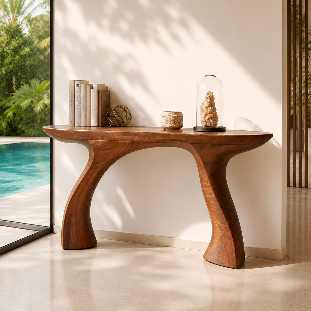 Entryway console table featuring curved sculptural legs and a sleek display surface