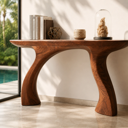 Designer hallway table with organic contours and elegant styling near tall windows