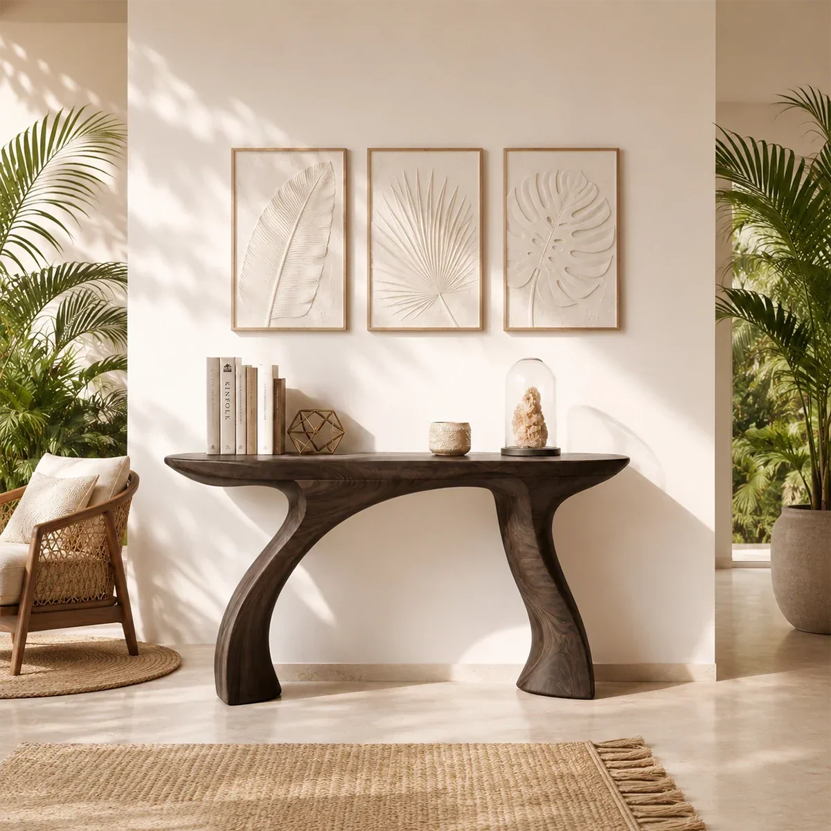 Artistic sofa table with smooth curves and visible grain in a minimalist home interior