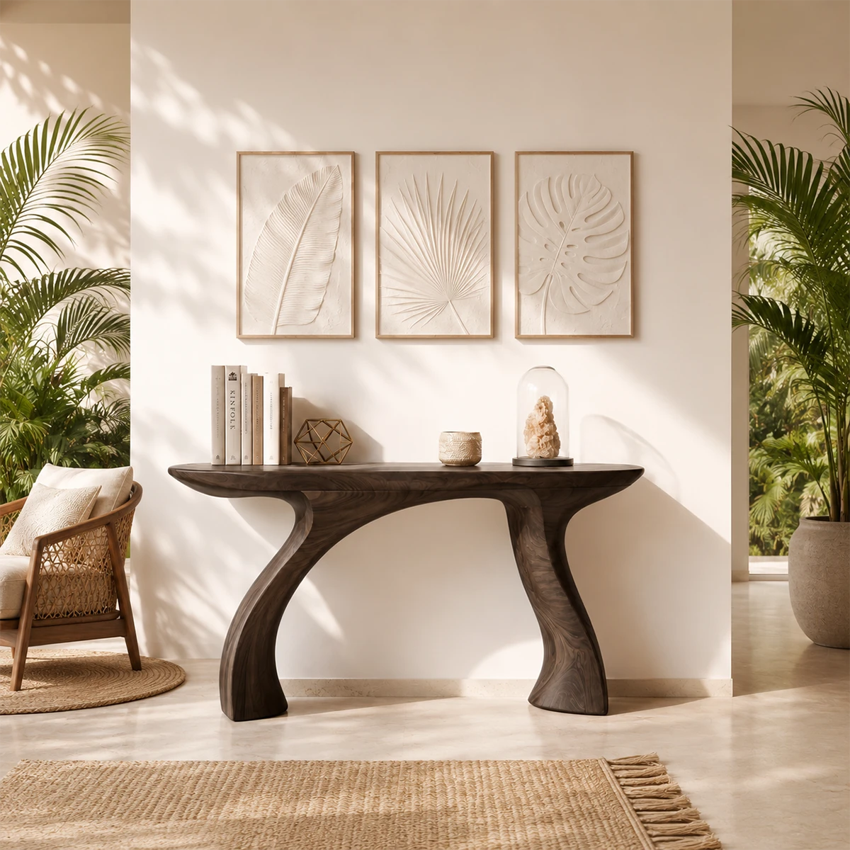Artistic sofa table with smooth curves and visible grain in a minimalist home interior