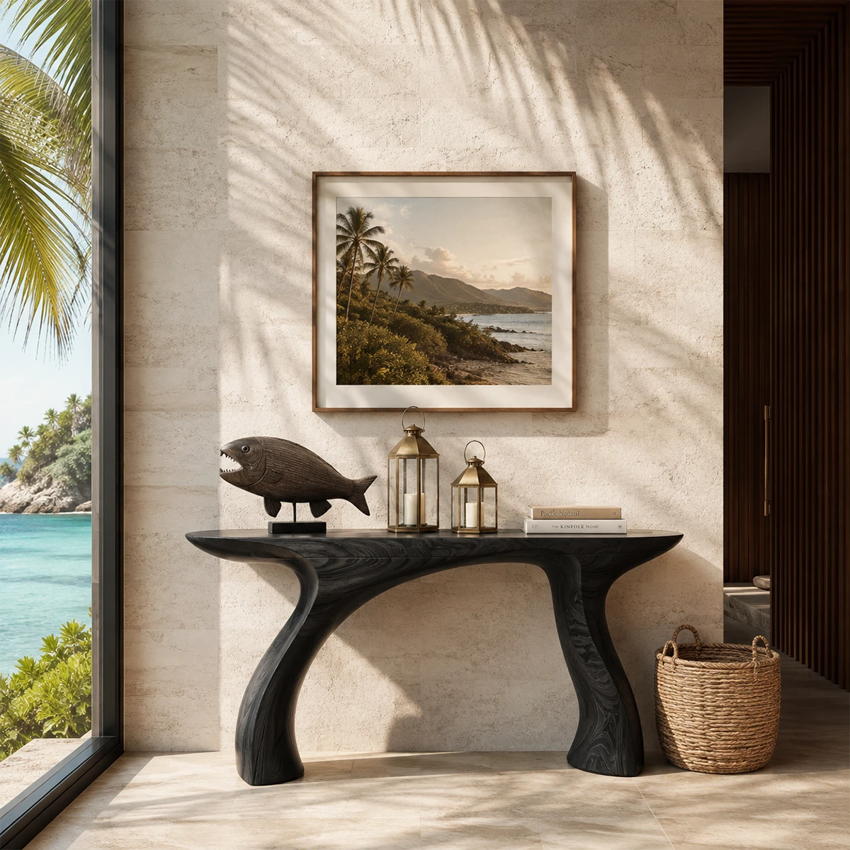 Curved console table displayed beside a pool in a calm luxury living room interior