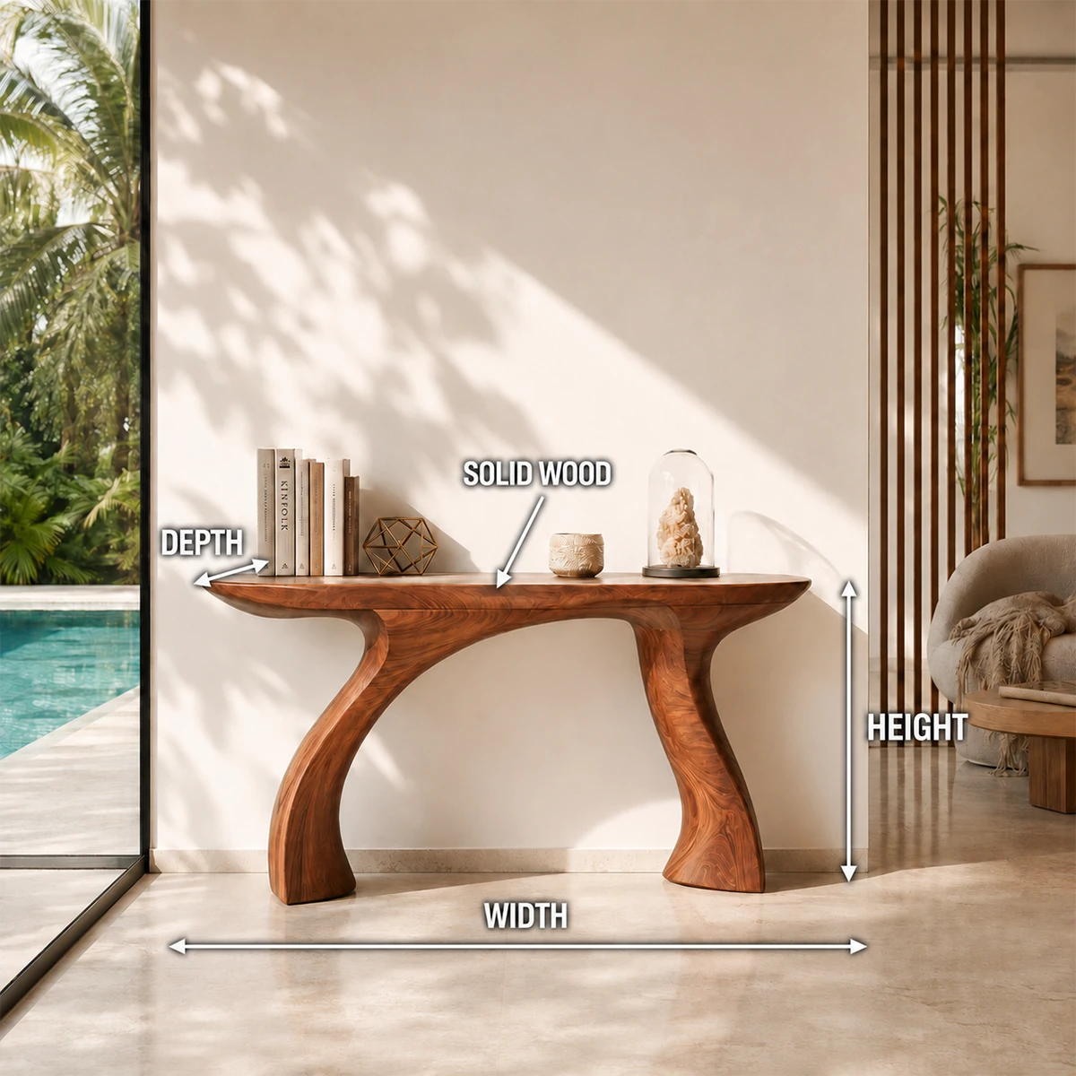 Statement console table with organic lines brings warmth to a serene hallway setting