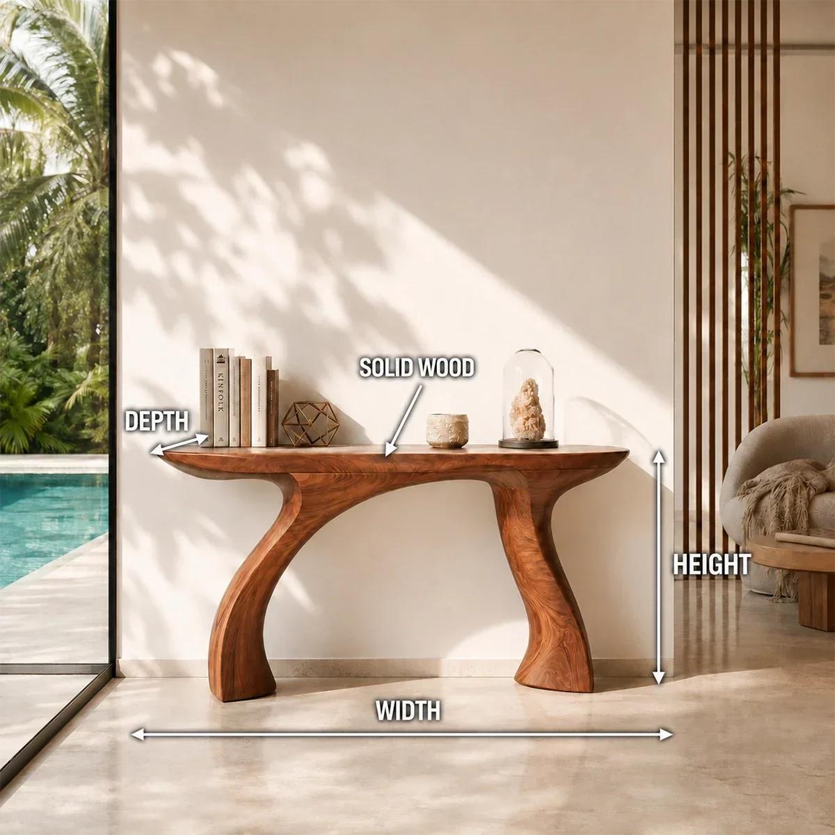 Statement console table with organic lines brings warmth to a serene hallway setting