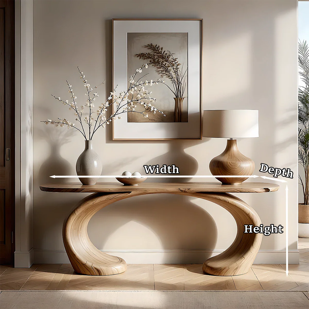 Sculptural Console Table Natural Solid Wood Modern Dual Curve Base - ArborisWood - 11