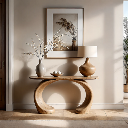 Sculptural Console Table Natural Solid Wood Modern Dual Curve Base - ArborisWood - 12