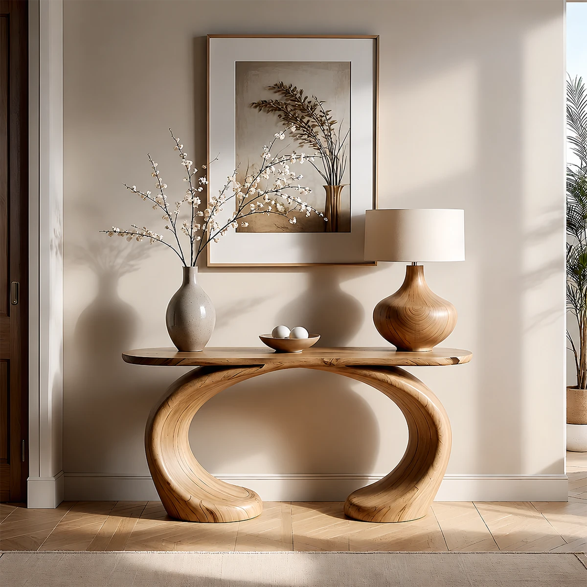 Sculptural Console Table Natural Solid Wood Modern Dual Curve Base - ArborisWood - 13