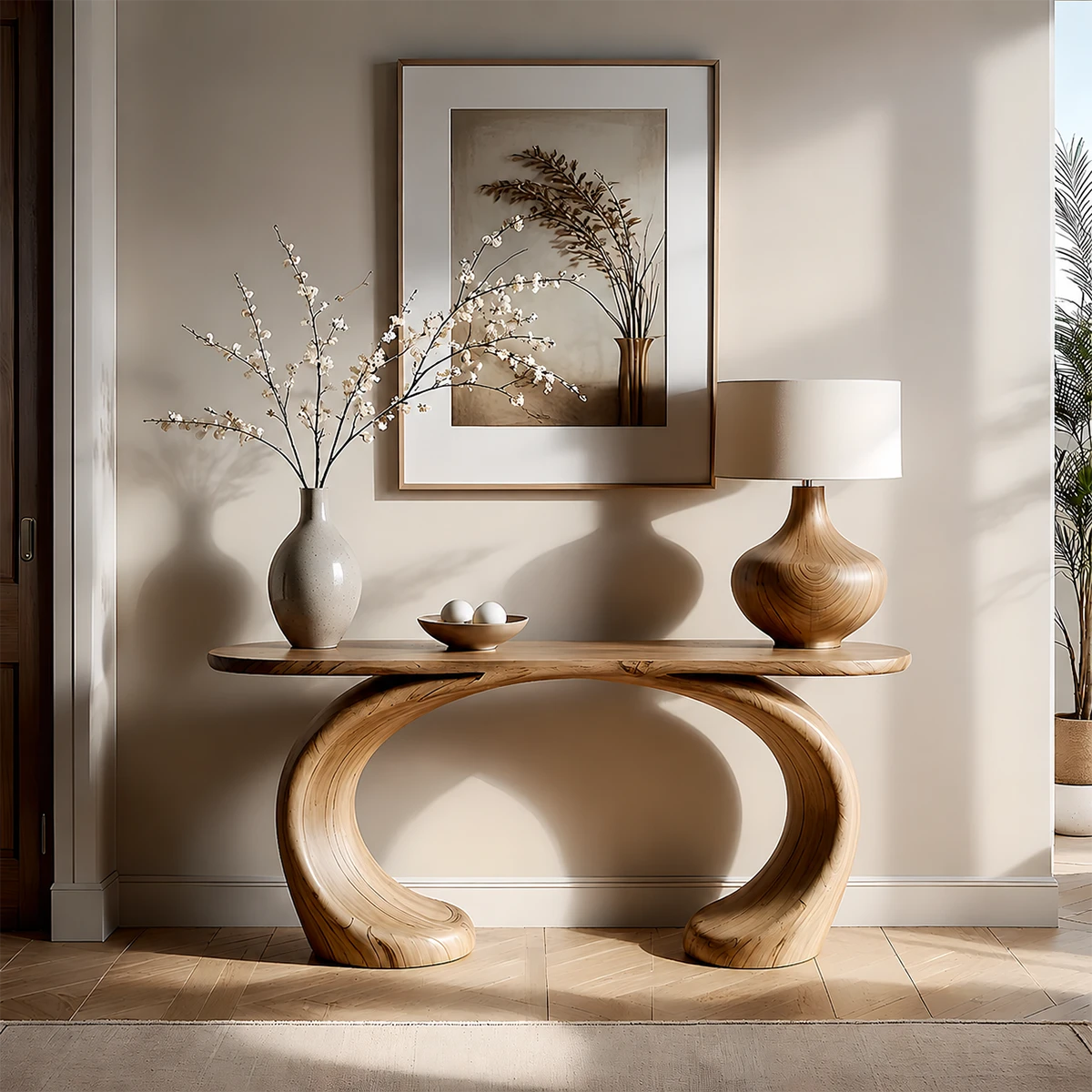 Sculptural Console Table Natural Solid Wood Modern Dual Curve Base - ArborisWood - 14