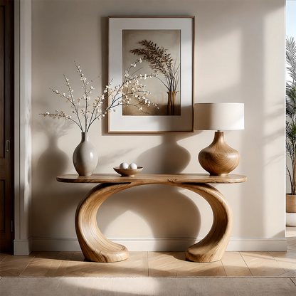 Sculptural Console Table Natural Solid Wood Modern Dual Curve Base - ArborisWood - 14