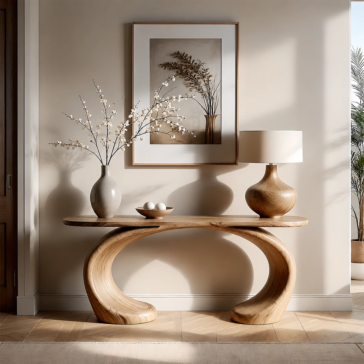 Sculptural Console Table Natural Solid Wood Modern Dual Curve Base - ArborisWood - 15