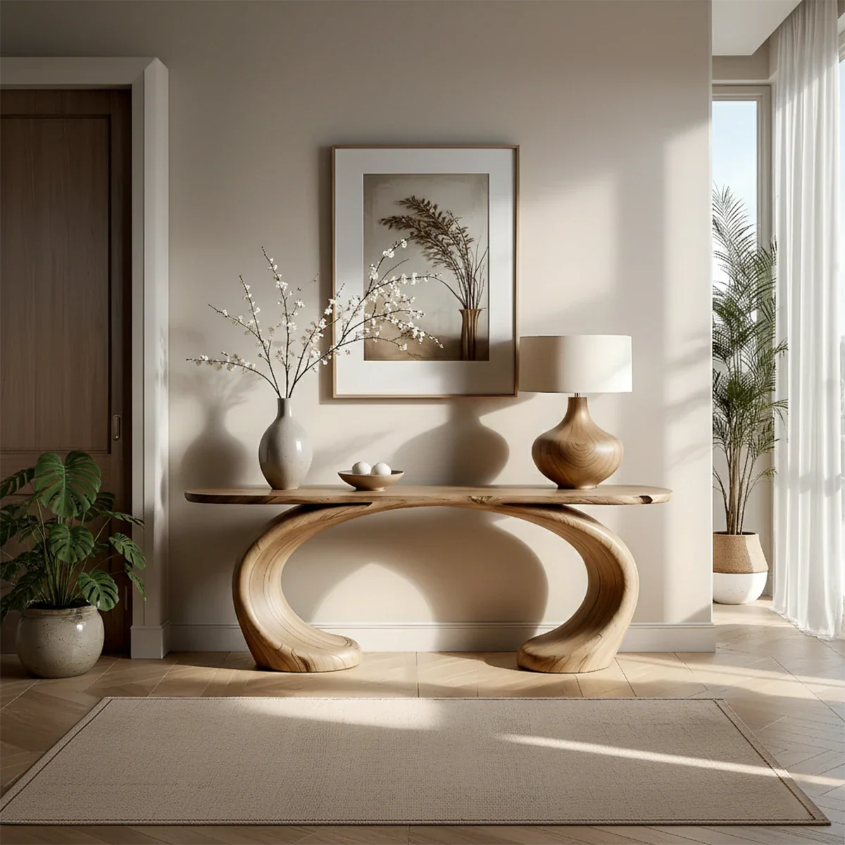 Sculptural Console Table Natural Solid Wood Modern Dual Curve Base - ArborisWood - 2