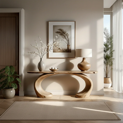Sculptural Console Table Natural Solid Wood Modern Dual Curve Base - ArborisWood - 2