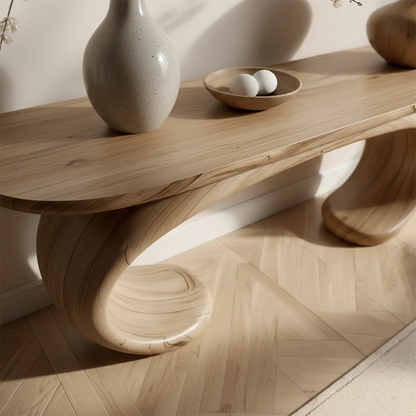 Sculptural Console Table Natural Solid Wood Modern Dual Curve Base - ArborisWood - 4