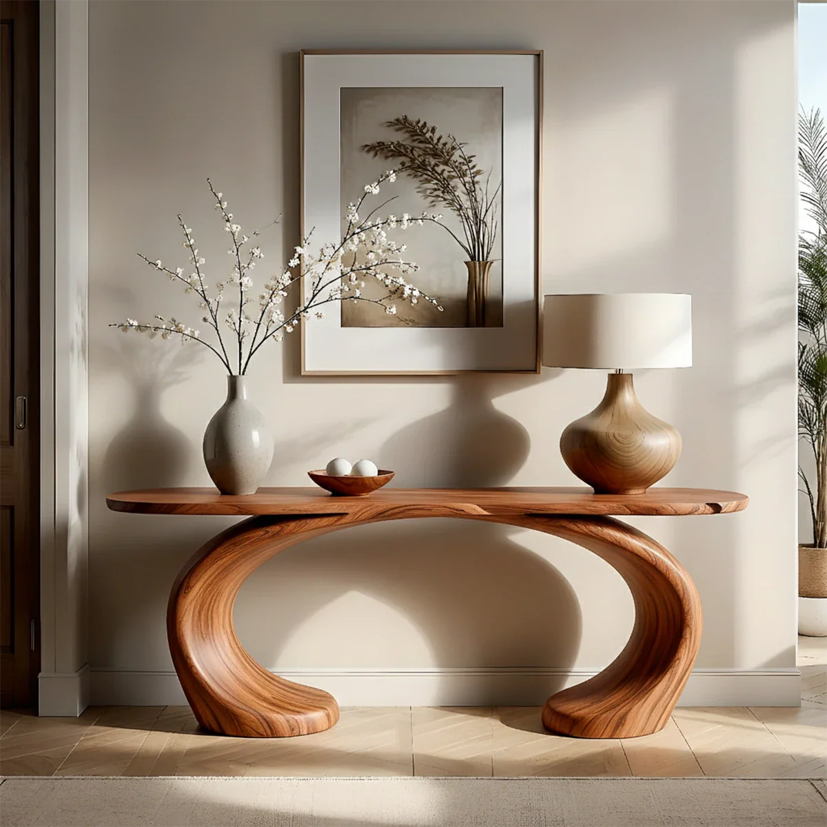 Sculptural Console Table Natural Solid Wood Modern Dual Curve Base - ArborisWood - 7