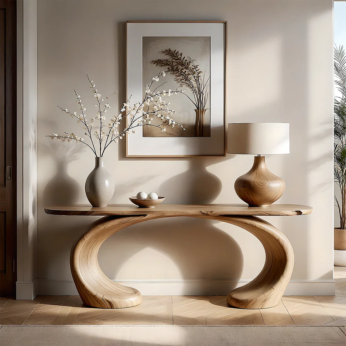 Sculptural Console Table Natural Solid Wood Modern Dual Curve Base - ArborisWood