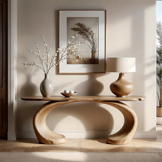 Sculptural Console Table Natural Solid Wood Modern Dual Curve Base - ArborisWood