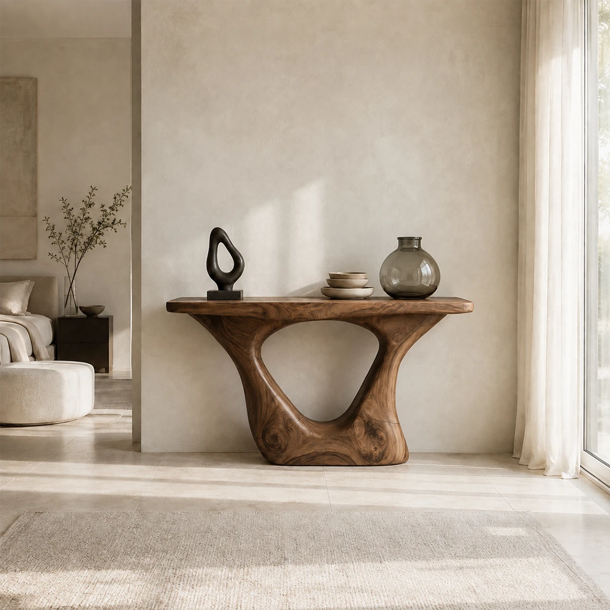 Luxury foyer table with a sculpted silhouette and generous top for styled accents