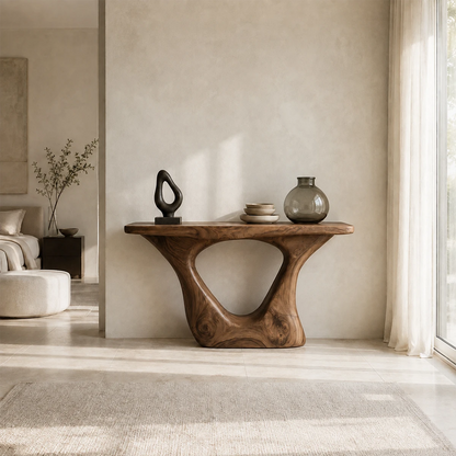 Luxury foyer table with a sculpted silhouette and generous top for styled accents