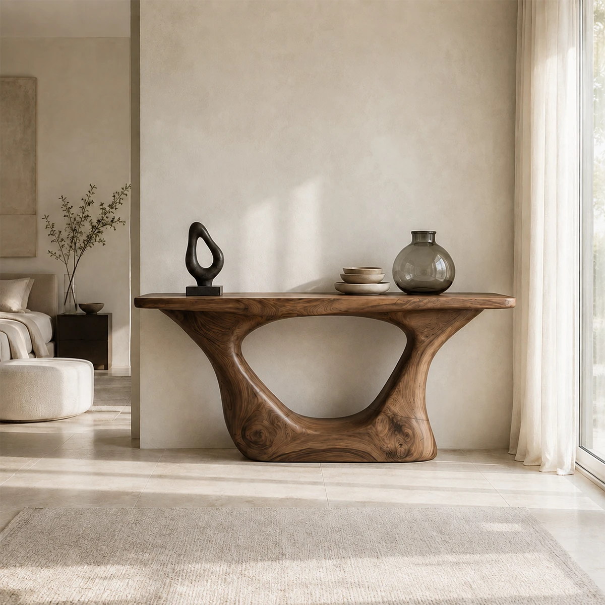 Contemporary console table with rounded cutout support in a warm neutral interior