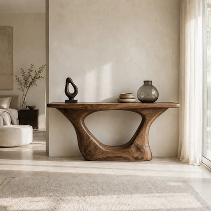 Contemporary console table with rounded cutout support in a warm neutral interior