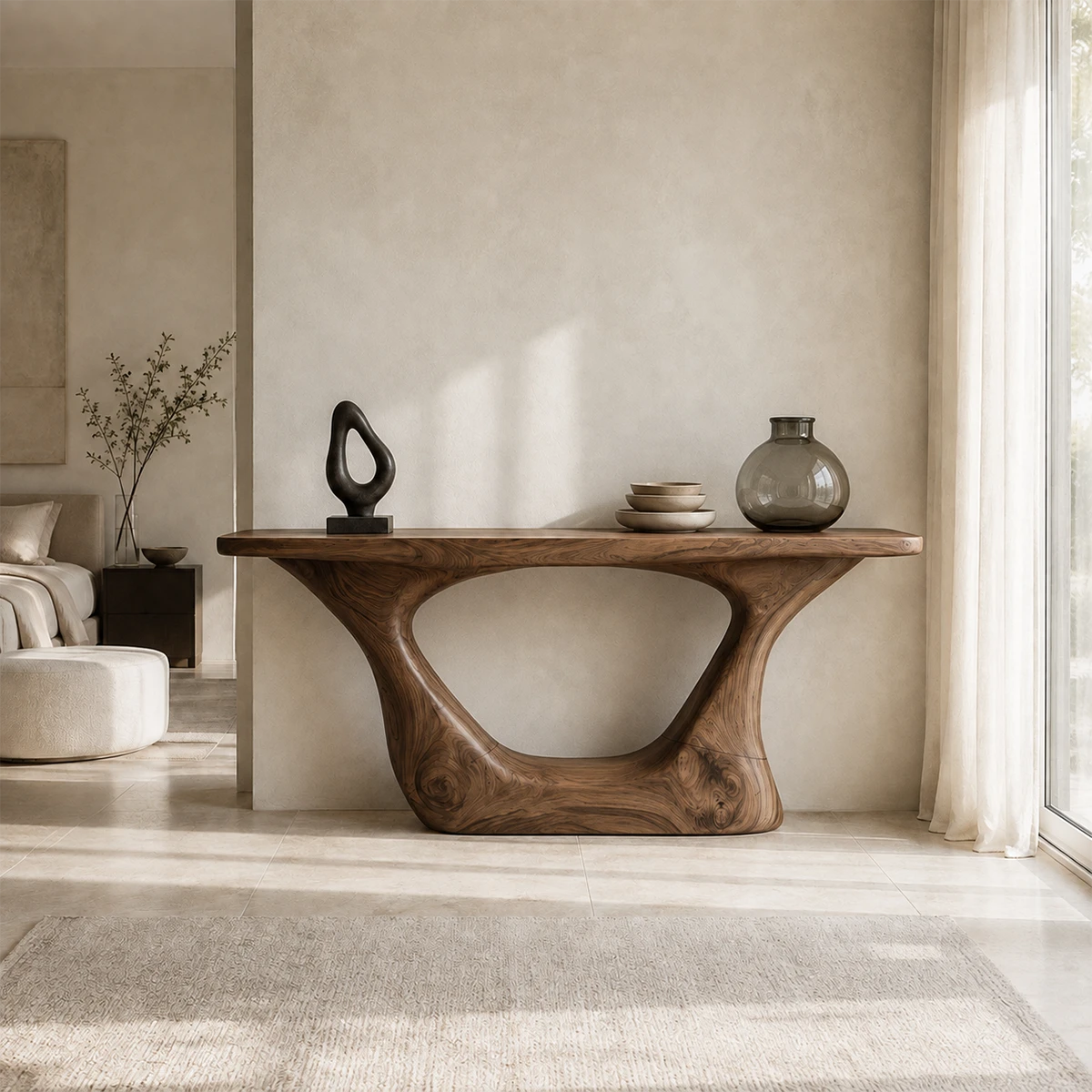 Wood tone console table with flowing structure and an artistic architectural profile