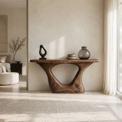 Sculptural console table with a bold cutout base in a calm modern entryway interior