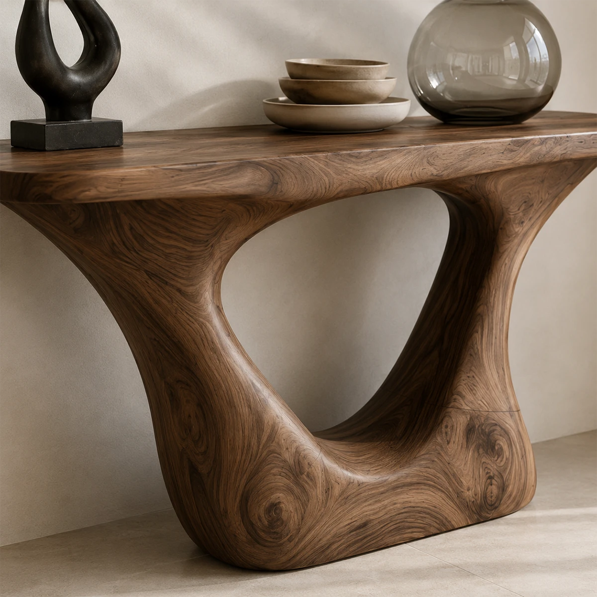 Designer hallway table showcases flowing curves and visible grain in a serene home