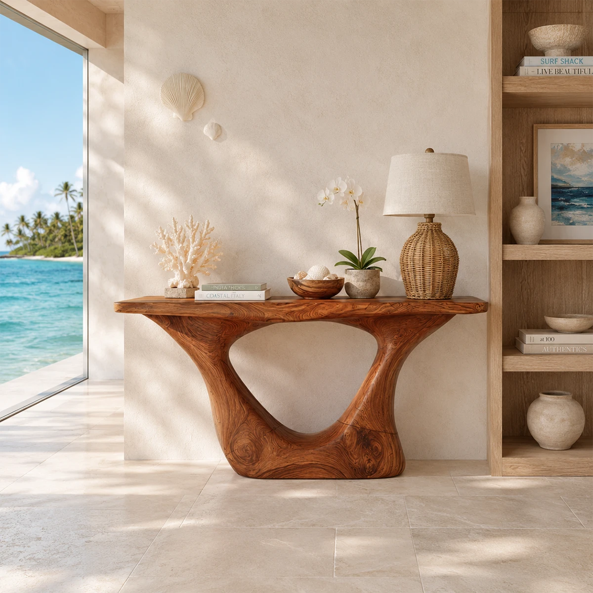 Artistic sofa table with soft organic lines and a broad top in a minimalist interior