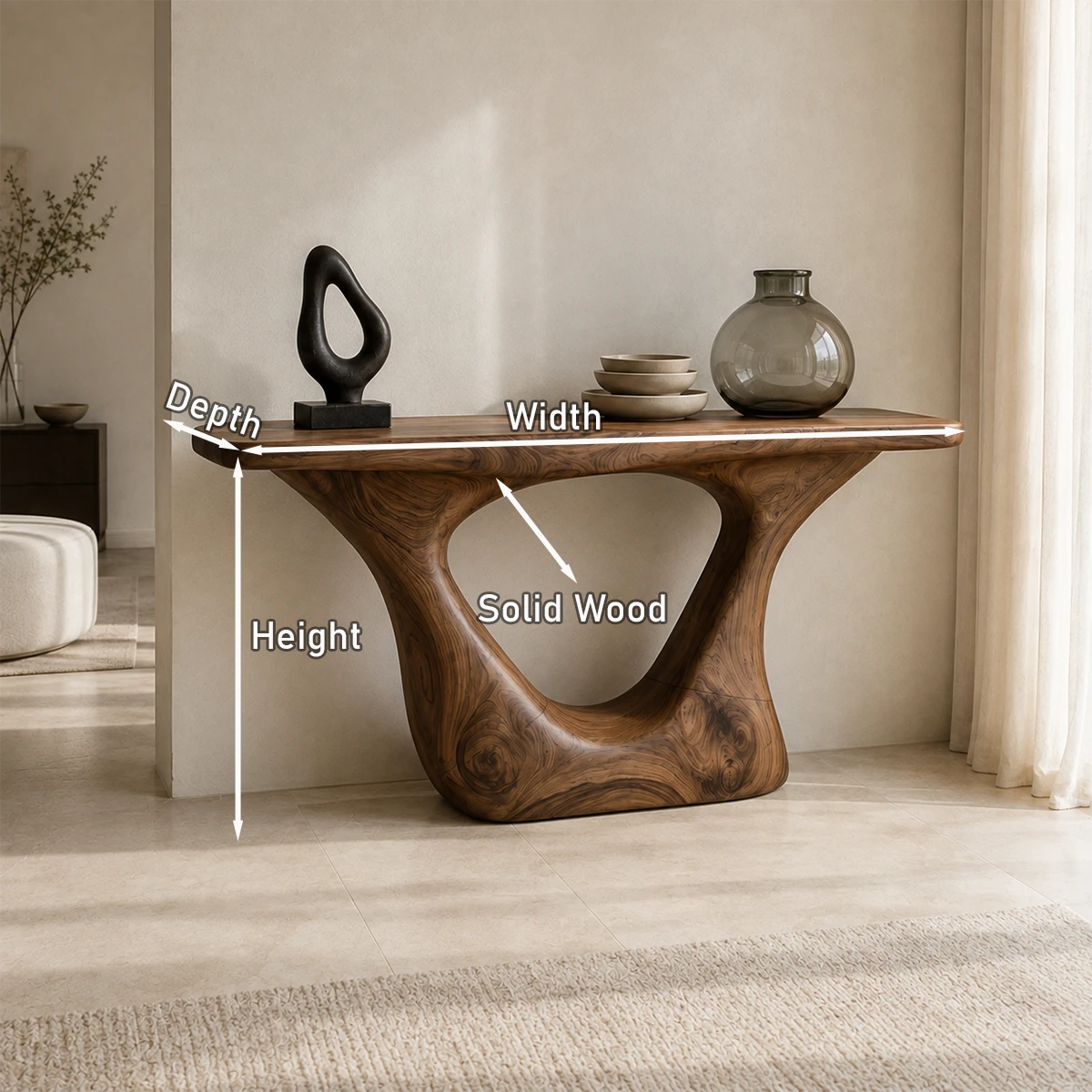 Statement console table blends organic form and open base detail in elegant interiors