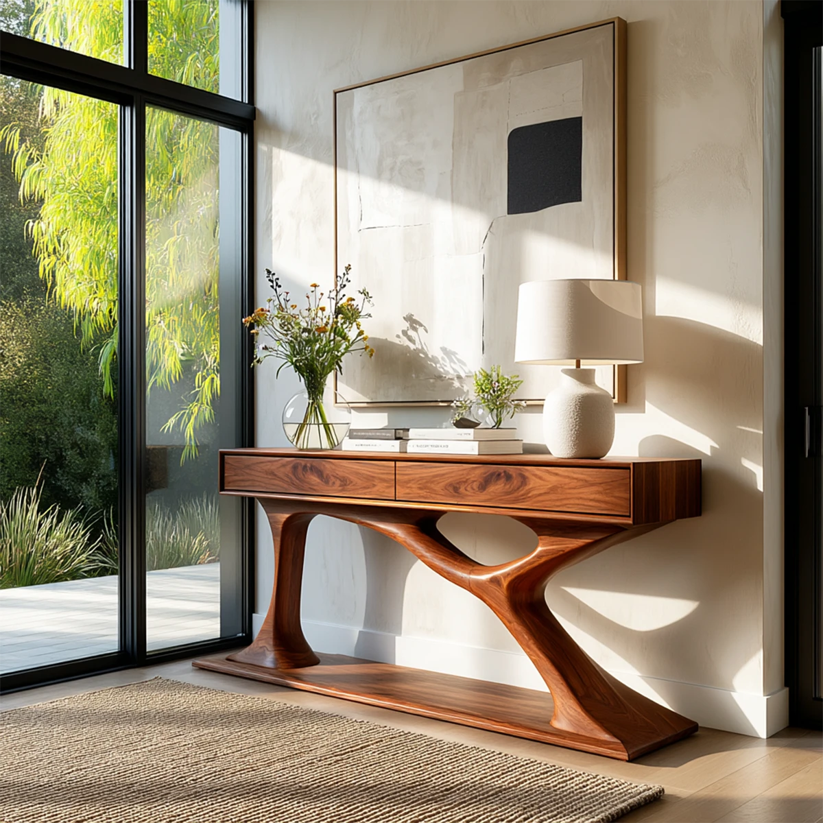 Sculptural console table with drawers and open base shelf for artistic modern entryways