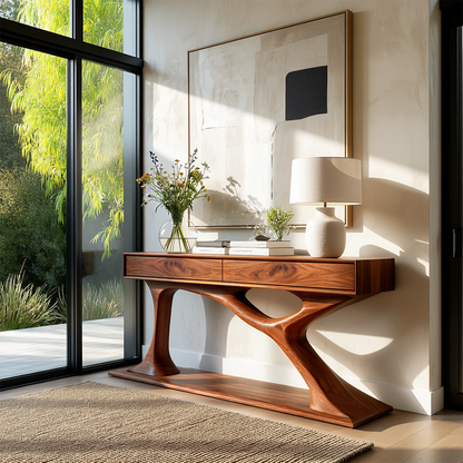 Sculptural console table with drawers and open base shelf for artistic modern entryways