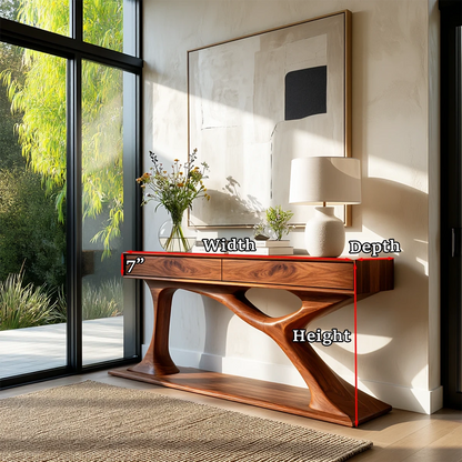 Sophisticated hallway table featuring sculptural detailing and concealed storage drawers