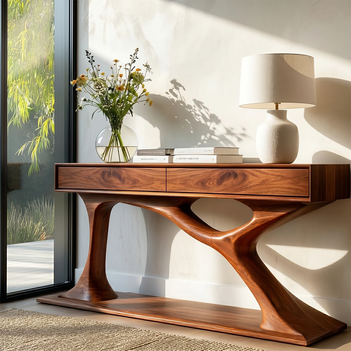 Elegant hallway console with flowing architectural supports and integrated storage drawers
