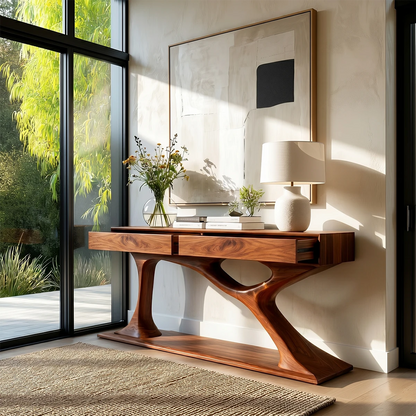 Modern foyer table combining sculptural craftsmanship and practical drawer organization
