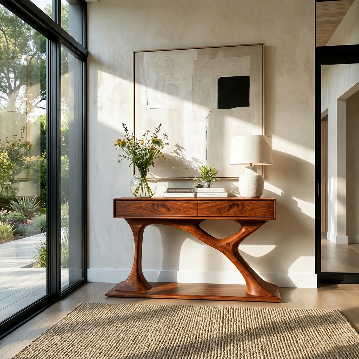 Designer entry console with curved architectural base and practical storage solutions