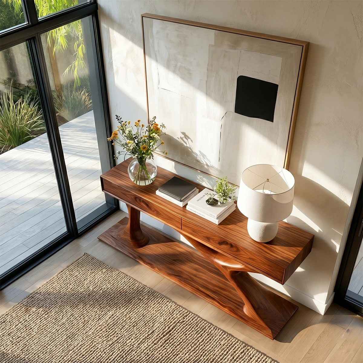 Refined console cabinet with artistic open base design and hidden storage compartments