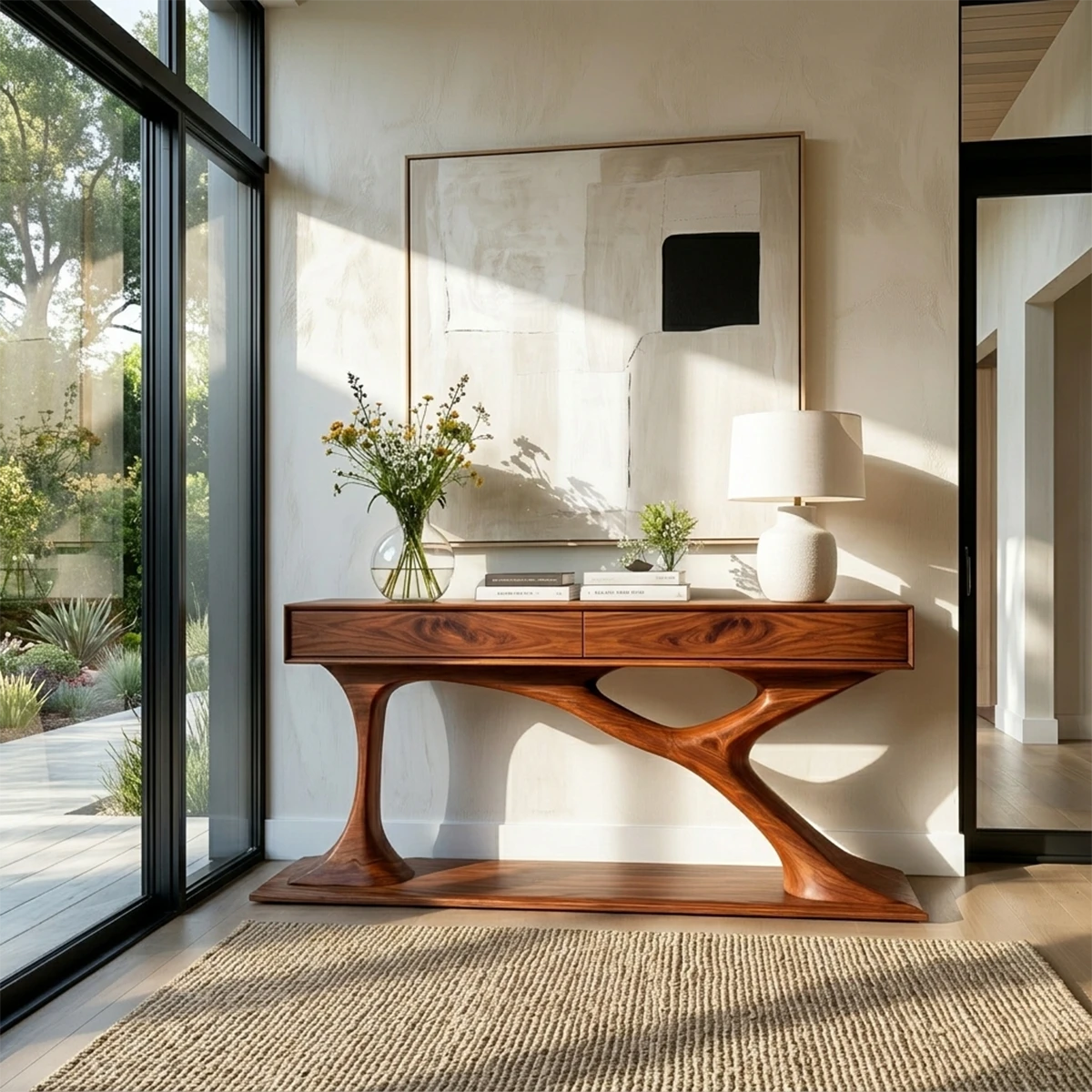 Artistic console table combining open sculptural structure and functional drawer storage