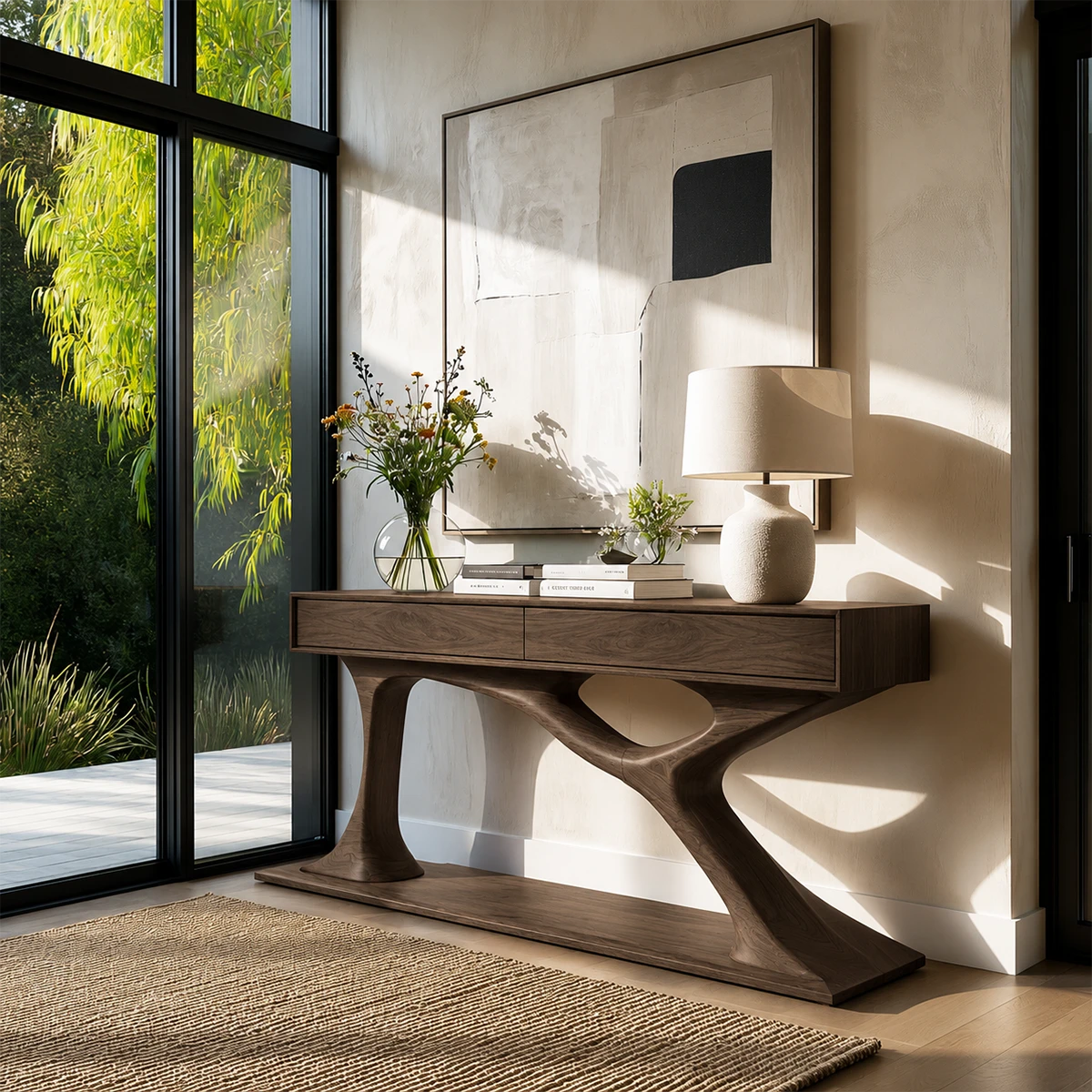 Statement entryway console featuring organic curves and functional drawer storage space