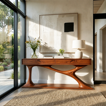 Modern storage console with handcrafted sculptural base and concealed organization space