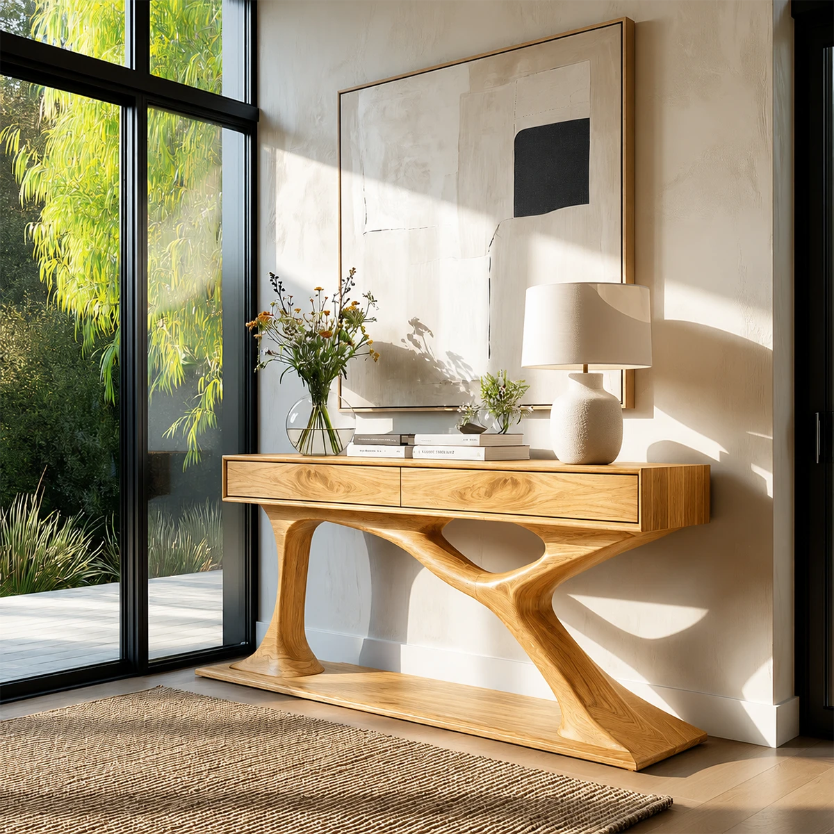 Architectural console table with sculpted supports and spacious concealed storage drawers