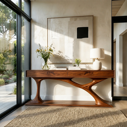 Luxury foyer console featuring organic flowing forms and integrated drawer storage units