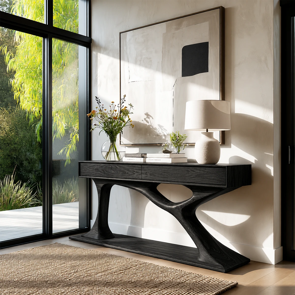 Contemporary accent console blending artistic form and everyday storage functionality