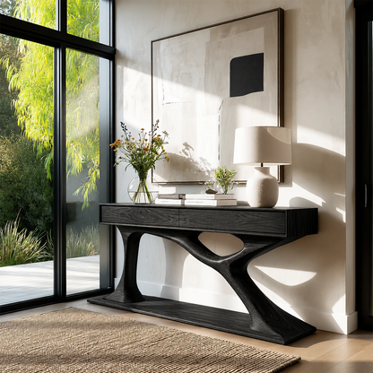 Contemporary accent console blending artistic form and everyday storage functionality