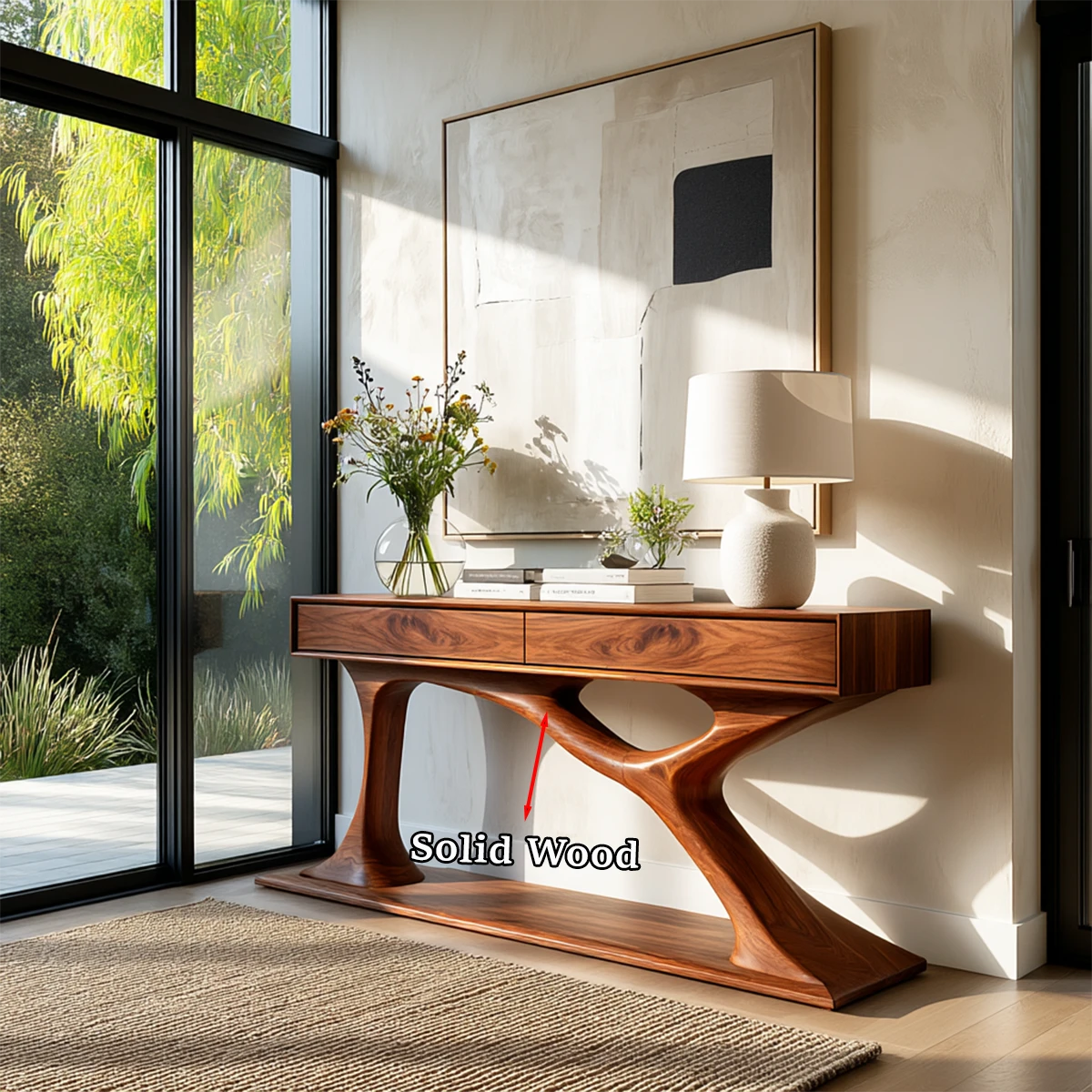 Organic modern console with flowing pedestal base and integrated drawer organization