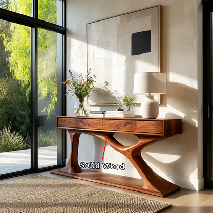 Organic modern console with flowing pedestal base and integrated drawer organization