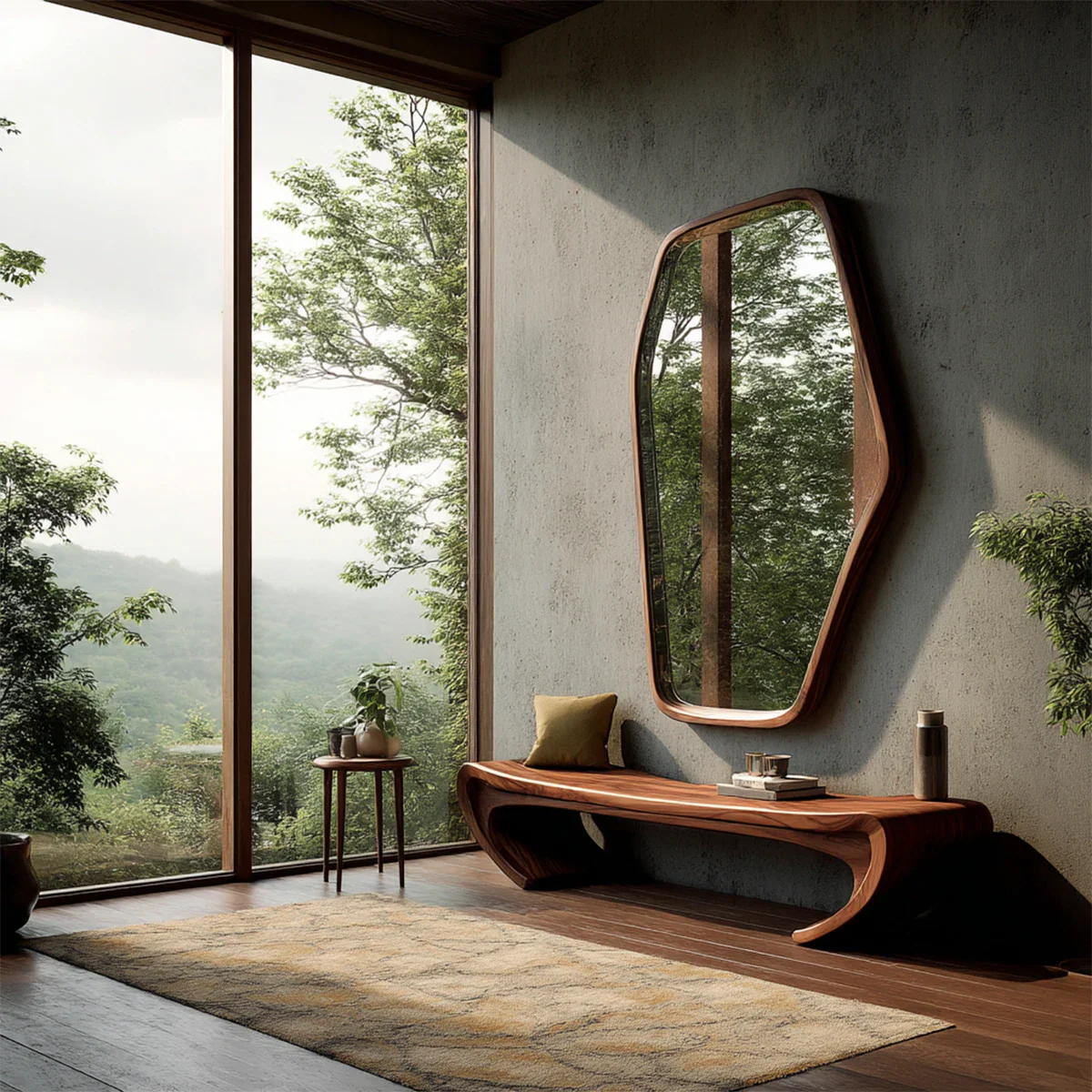 Sculptural curved bench featuring flowing base design and smooth walnut tone finish entryway seating