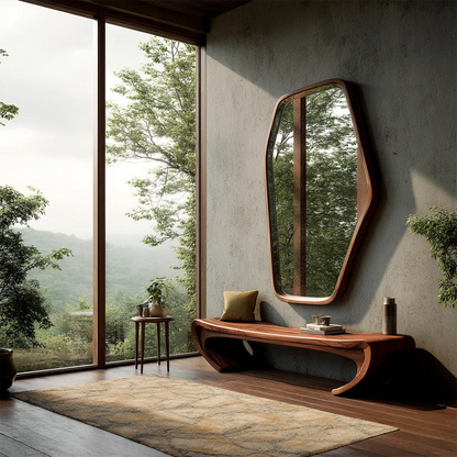 Sculptural curved bench featuring flowing base design and smooth walnut tone finish entryway seating