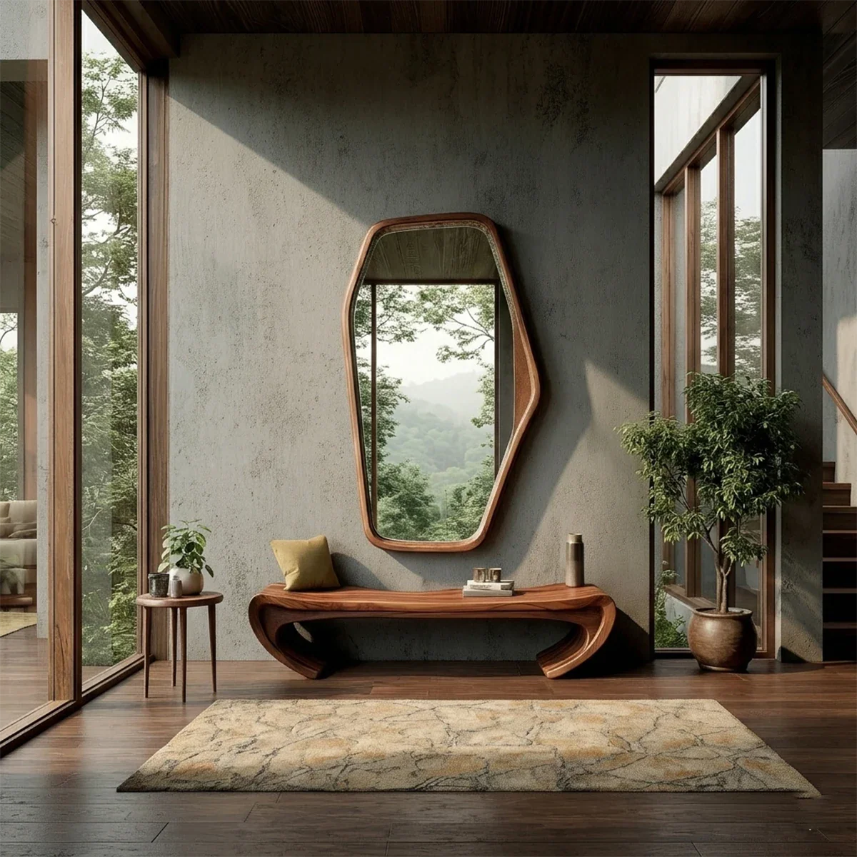 Modern entryway bench showcasing artistic curved support and refined walnut tone finish detail