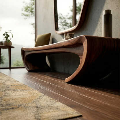 Elegant hallway bench designed with fluid sculptural silhouette and warm walnut tone finish