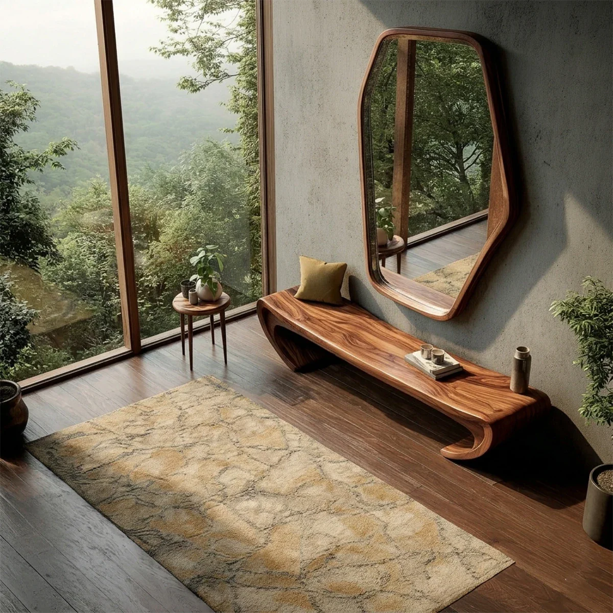 Contemporary seating bench displaying seamless curved base and polished walnut tone finish